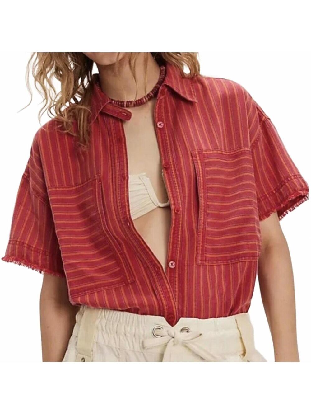 FP We The Free Christopher Linen Shirt  vibrant red / orange stripe Sz  # 1377